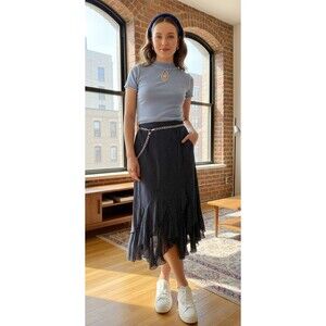 Y2K Silk Midi sz 12 Skirt Navy Polka Dot Ruffle Hem Fairy Feminine Modest Career